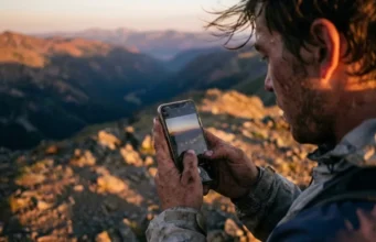 Responsible Social Media Hiking: The Field Guide A hiker with gritty, dirty hands holds a smartphone to photograph a mountain sunset, showcasing the intersection of outdoor adventure and digital documentation.