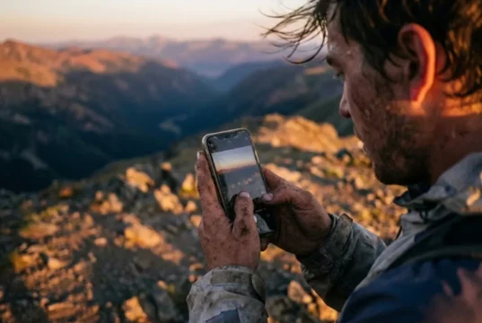 Responsible Social Media Hiking: The Field Guide A hiker with gritty, dirty hands holds a smartphone to photograph a mountain sunset, showcasing the intersection of outdoor adventure and digital documentation.