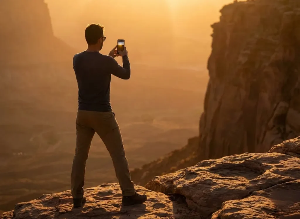 A hiker stands on a cliff edge at sunset taking a landscape photo with a smartphone.