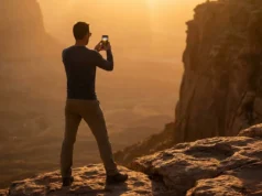 Responsible Social Media Hiking: The 2026 Field Manual A hiker stands on a cliff edge at sunset taking a landscape photo with a smartphone.