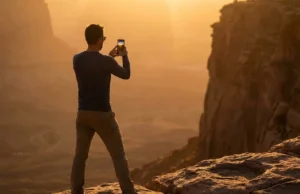 Responsible Social Media Hiking: The 2026 Field Manual A hiker stands on a cliff edge at sunset taking a landscape photo with a smartphone.