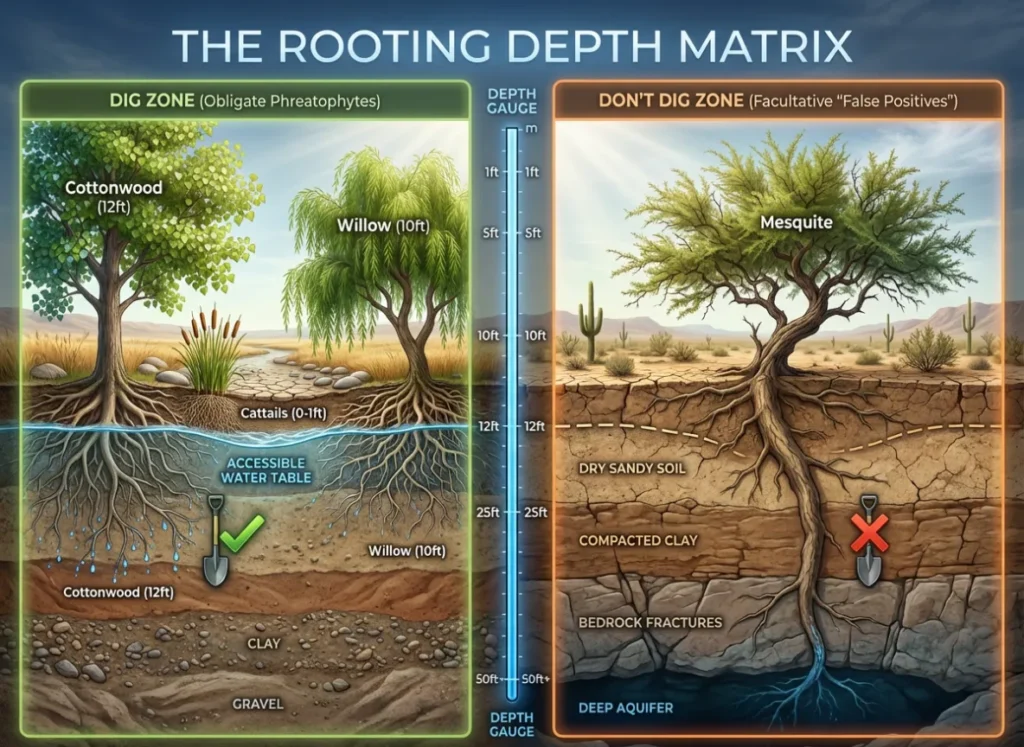 A scientific cross-section infographic titled "The Rooting Depth Matrix," illustrating various plant species in an arid environment. On the left, labeled "DIG ZONE," Cattails, Willows, and Cottonwoods show roots reaching a shallow water table at 1ft, 10ft, and 12ft respectively. On the right, labeled "DON'T DIG ZONE," a Mesquite tree has a massive taproot extending past 50ft deep. A survival shovel icon is marked with a green check near the shallow zone and a red X near the deep zone.