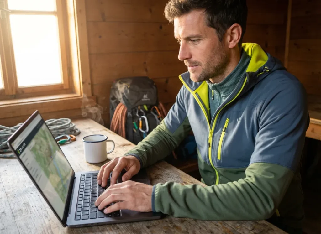 A hiker planning a route on a laptop inside a tent with camping gear and coffee nearby.