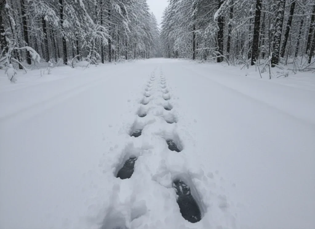 A winter trail destroyed by deep postholes, ruining the path for skiers and other hikers.