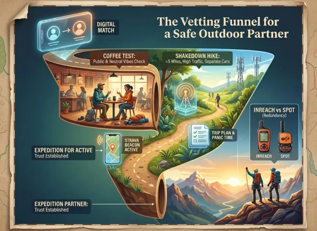 A semantic infographic titled "The Vetting Funnel," visualizing a four-stage path to finding a safe outdoor adventure partner. The path winds from a digital interface through a coffee shop and a local trail, ending at a mountain expedition, with safety protocols like separate cars and GPS tracking highlighted along the route.