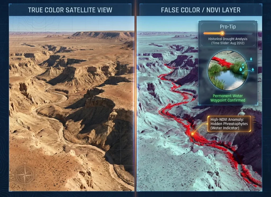 A split-screen educational infographic. The left half shows an arid desert canyon in "True Color Satellite View" appearing barren. The right half shows the same canyon in "False Color / NDVI Layer," revealing bright red streaks indicating hidden vegetation and water sources, with a holographic timeline tool confirming a "Permanent Water Waypoint" during a drought year.