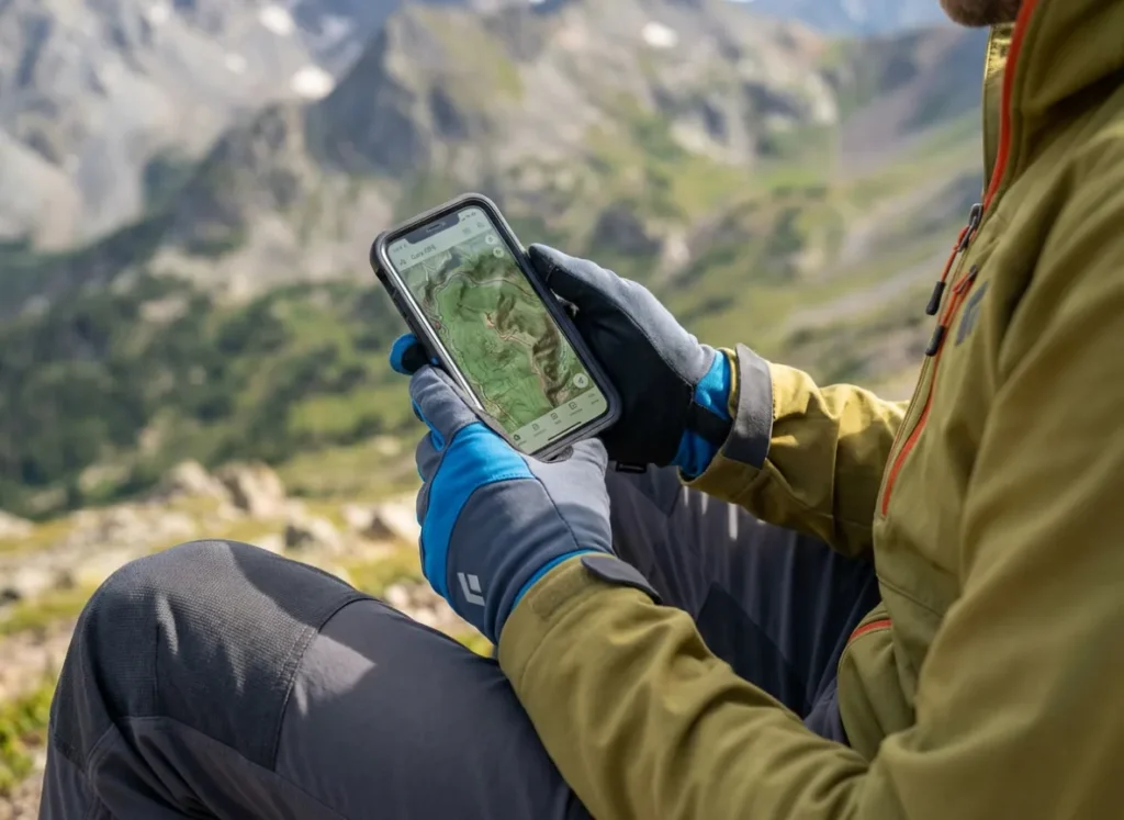 Hiker comparing a digital map on a phone in an OtterBox case with the physical landscape, wearing Black Diamond gloves.