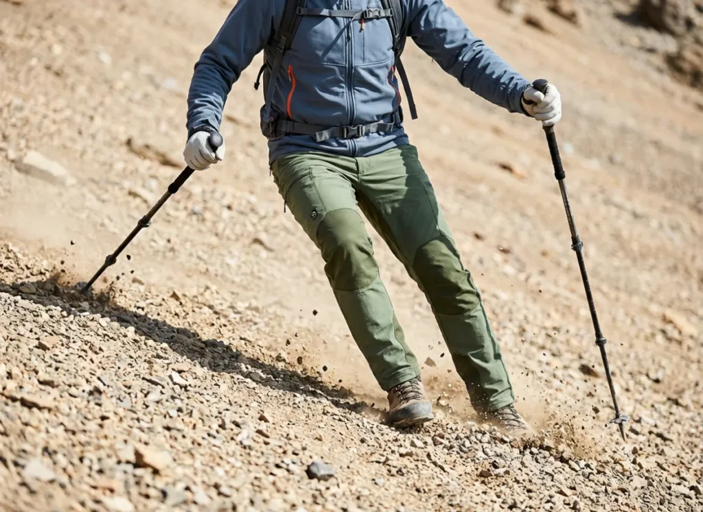 Hiker descending a loose scree slope using trekking poles for balance.
