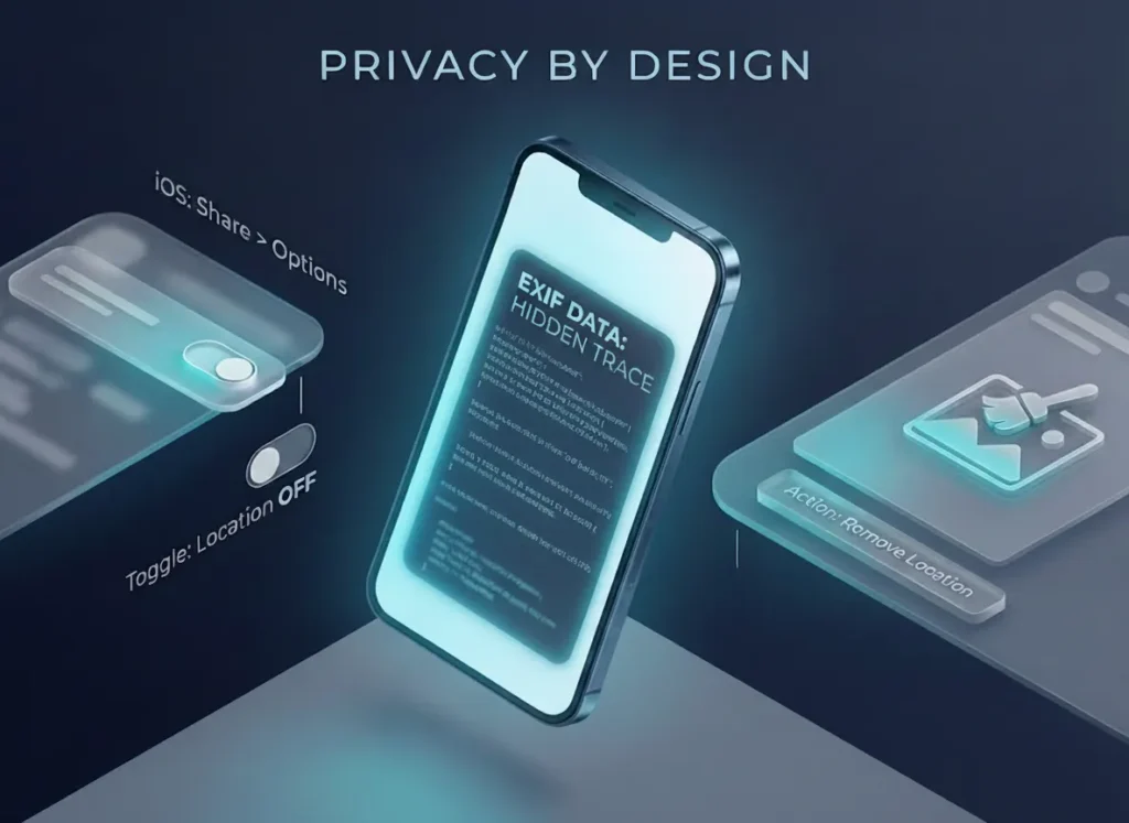 A premium 3D infographic showing the process of removing EXIF metadata from photos. The visual features a floating smartphone with layers peeling back to reveal hidden location data, with clear labels for iOS and Android workflows.