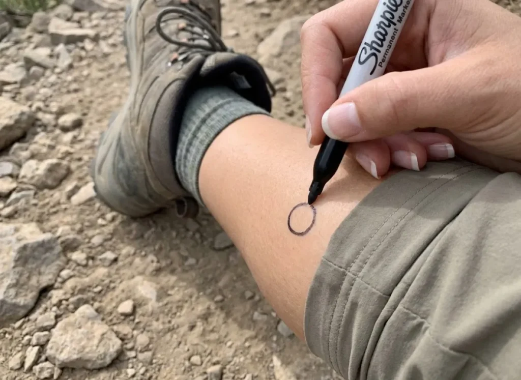 A hiker using a permanent marker to circle a wound site on a leg for medical tracking.