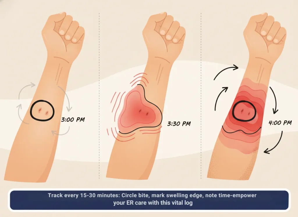 A three-step infographic diagram showing the Sharpie Method for monitoring snakebite swelling progression on a human forearm, with marker circles and timed lines marking edema edges over 30-minute intervals in a clean, educational vector style.