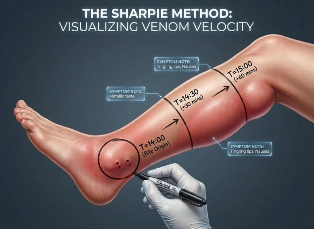 A medical infographic illustrating the "Sharpie Method" on a human lower leg. It shows a progression of three black marker lines drawn on the skin over time, tracking snakebite swelling from the ankle upwards, labeled with times T=14:00, T=14:30, and T=15:00, along with corresponding symptom notes.