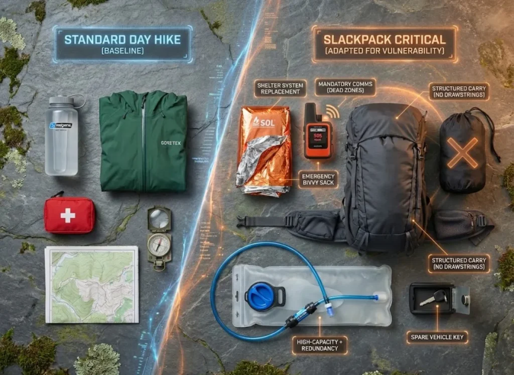 A top-down editorial photograph of hiking gear organized into two distinct zones on a textured surface. The left zone, labeled "STANDARD DAY HIKE," contains basic items. The right zone, labeled "SLACKPACK CRITICAL," contains specialized survival gear like a reflective bivvy, satellite messenger, and a structured backpack, highlighted with a warm glow.