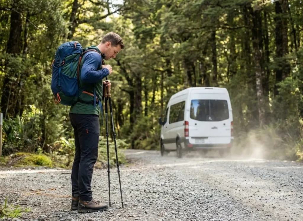 A hiker adjusting their daypack at a trailhead as a shuttle van drives away in the background.