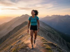 Slackpacking Explained: Essential Gear & Logistics Guide A fit and happy female hiker with a small daypack walks along a scenic mountain ridge at sunset, embodying the freedom of slackpacking.