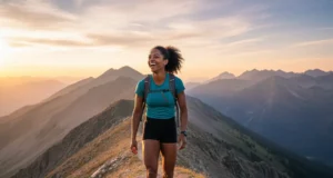 Slackpacking Explained: Essential Gear & Logistics Guide A fit and happy female hiker with a small daypack walks along a scenic mountain ridge at sunset, embodying the freedom of slackpacking.