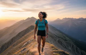 Slackpacking Explained: Essential Gear & Logistics Guide A fit and happy female hiker with a small daypack walks along a scenic mountain ridge at sunset, embodying the freedom of slackpacking.