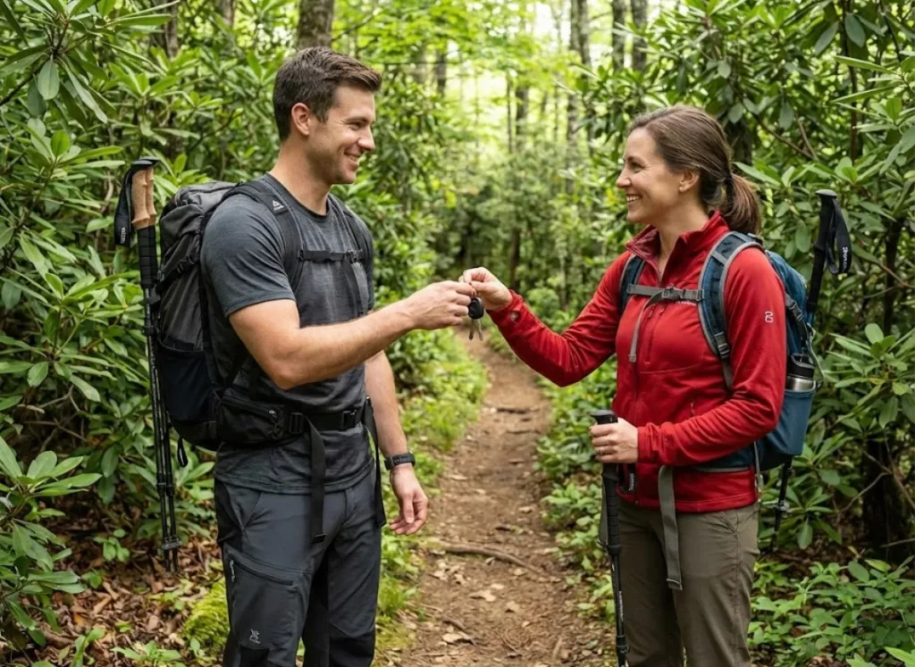 Two hikers on a trail exchanging car keys during a mid-trail meet-up.