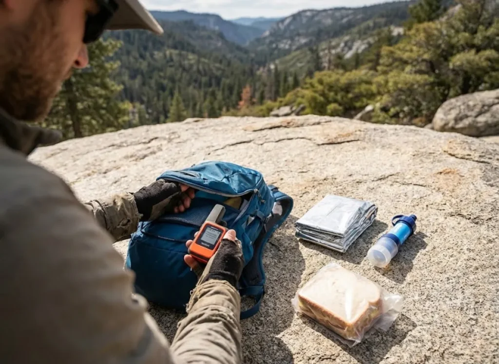 A hiker's open daypack displaying essential safety gear including a satellite messenger and emergency bivvy.