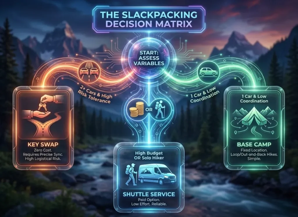 A futuristic infographic flowchart titled "The Slackpacking Decision Matrix". It shows glowing pathways connecting starting variables like "Number of Cars" and "Budget" to three terminal outcome nodes labeled "Key Swap", "Shuttle Service", and "Base Camp", each with distinct icons representing the strategy.