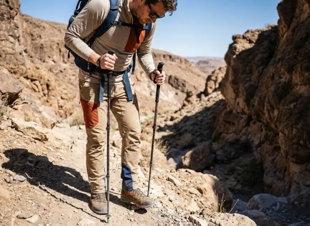 A hiker freezing mid-step on a rocky desert trail, scanning the ground for snakes.