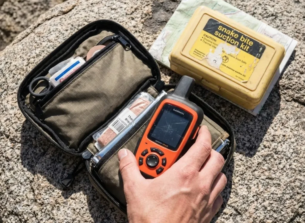 A hiker choosing a satellite messenger over an outdated snake bite suction kit from a first aid pile.