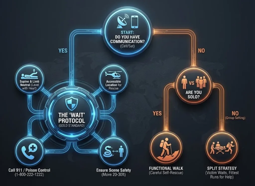 A medical infographic flowchart titled 'Snakebite: Walk vs. Wait Decision Tree'. It starts with a central question regarding communication, branching into a 'Yes' path for the 'Wait Protocol' (Gold Standard) with specific patient care steps, and a 'No' path asking if the person is solo, leading to either 'Functional Walk' or 'Split Strategy'.
