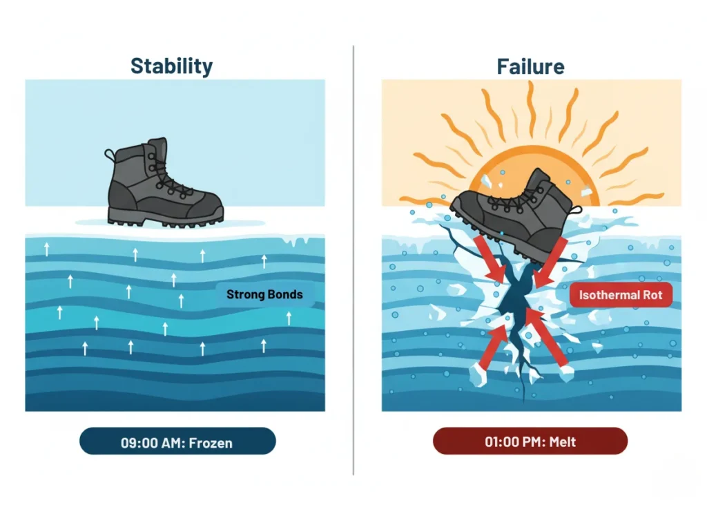 A two-panel educational vector diagram comparing snowpack stability. Left panel: A hiking boot standing firmly on a frozen, multi-layered snow crust at 9:00 AM. Right panel: The same boot breaking through the melting crust into hollow snow at 1:00 PM, illustrating the trap door effect.