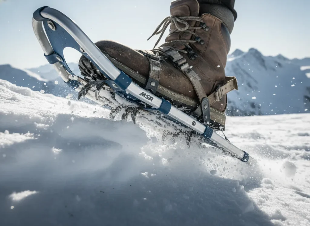 A scratched and used snowshoe sitting on top of the snow surface, demonstrating flotation.