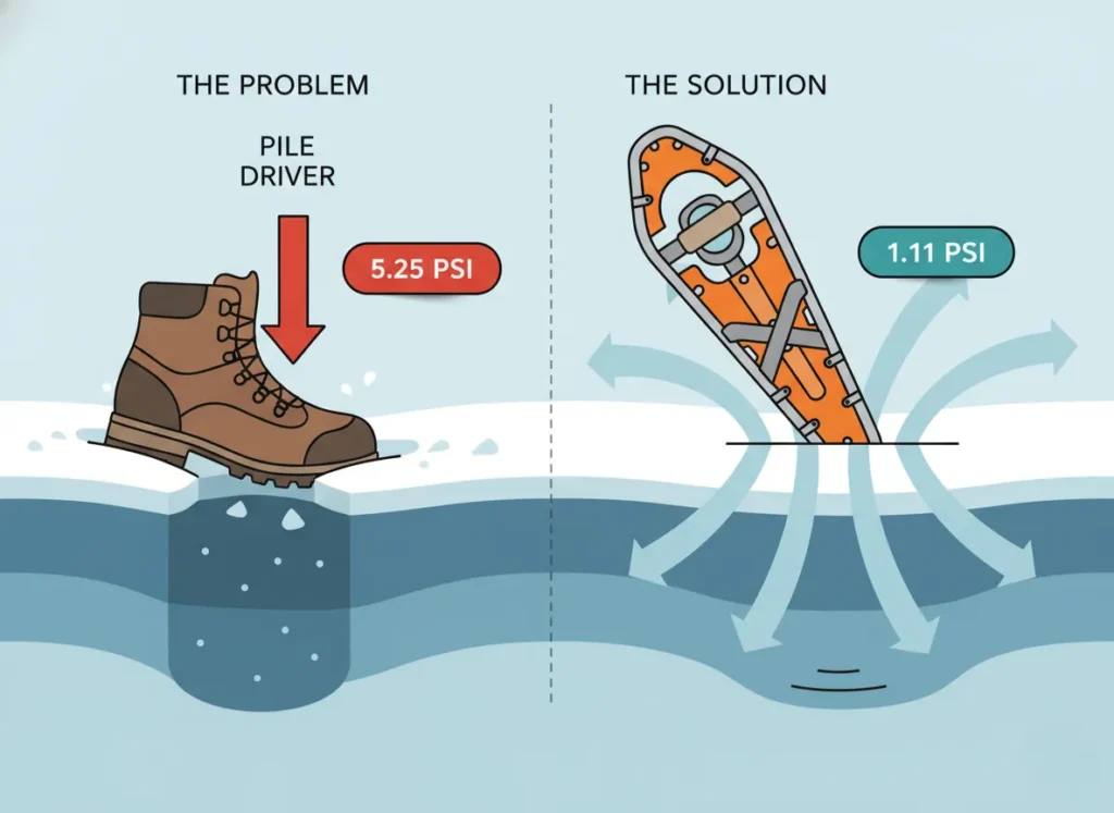 A split-screen educational diagram comparing hiking boots and snowshoes on snow. Left: A boot sinks deep into the snow with a red arrow showing high pressure (5.25 PSI). Right: A snowshoe floats on top of the snow with blue arrows showing distributed weight (1.11 PSI).