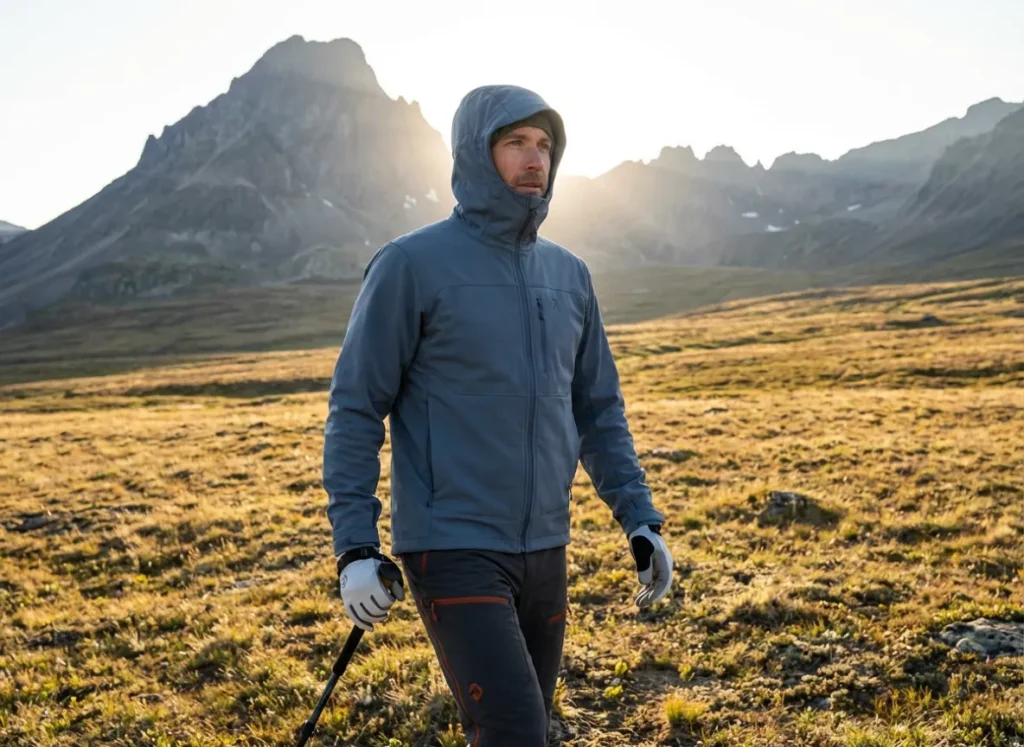 A silhouette of a solo hiker navigating off-trail across a high alpine landscape at sunset.