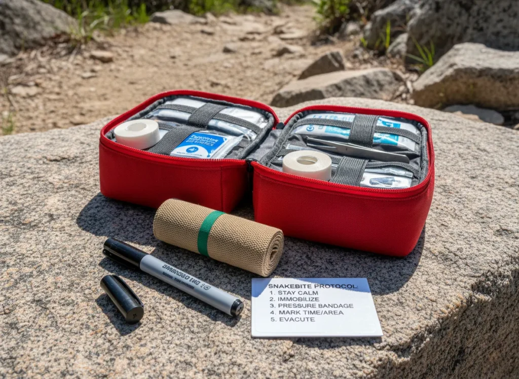 An open wilderness first-aid kit on a rock, showing advanced supplies like a pressure bandage and a marker for snakebites.