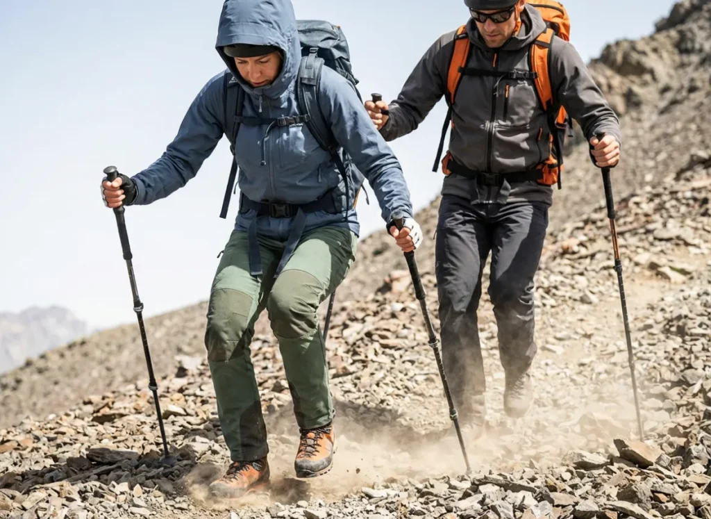 Hikers carefully descending a steep, loose rocky slope using trekking poles for stability.
