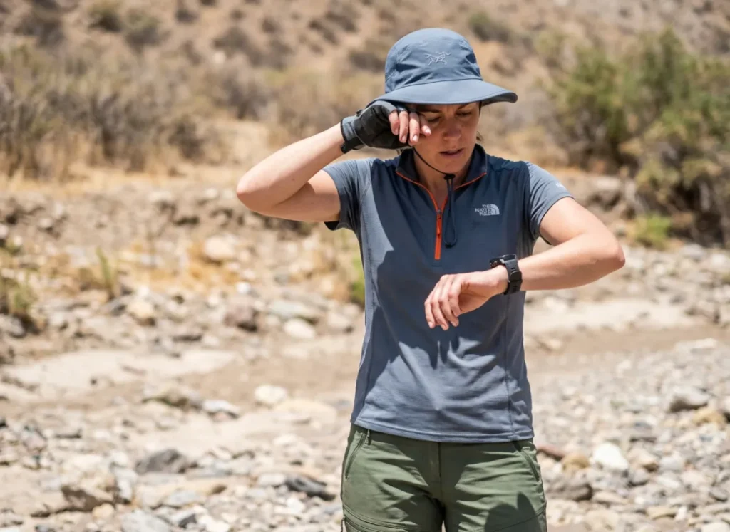 Hiker checking a Suunto watch in the desert heat, wearing Arc'teryx and The North Face gear.