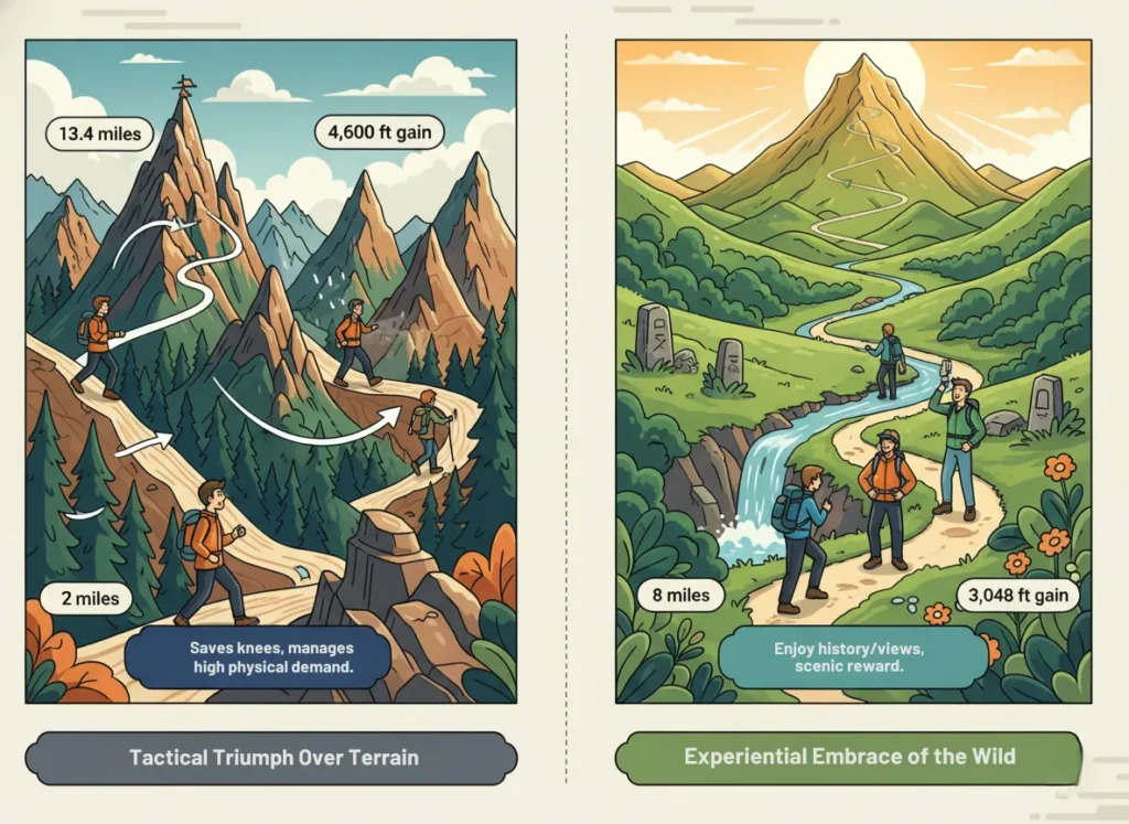 A vibrant two-panel infographic comparing tactical slackpacking on The Roller Coaster trail with experiential slackpacking on Mt. Greylock, highlighting mileage, elevation gain, and key goals in a dynamic hiking illustration style.