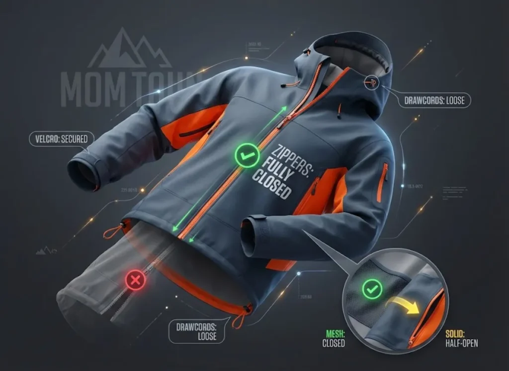 A premium 3D technical infographic of a hardshell jacket showing mechanical safety steps for washing. It features integrated labels and icons highlighting closed zippers, secured Velcro cuffs, and loosened drawcords against a sophisticated, studio-lit background.