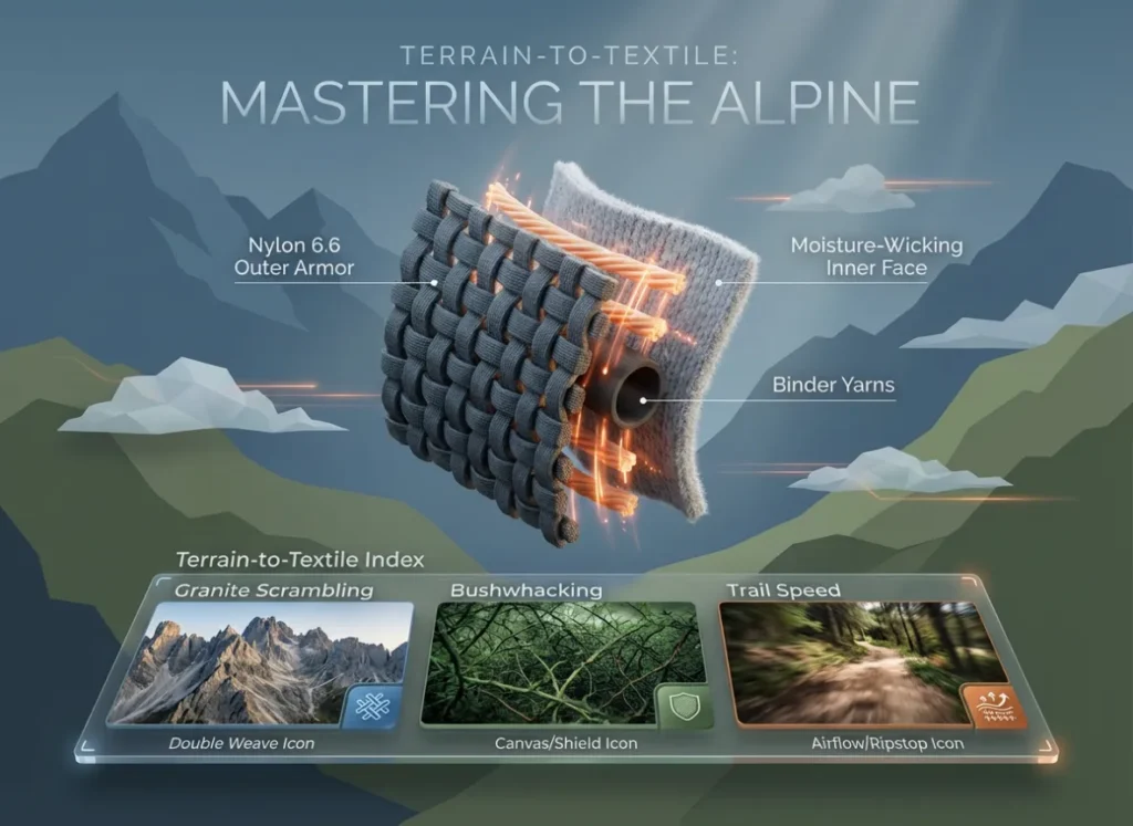 A technical and aesthetic 3D infographic illustrating the cross-section of double-weave fabric layers and a three-panel 'Terrain-to-Textile Index' comparing granite scrambling, bushwhacking, and trail speed environments.