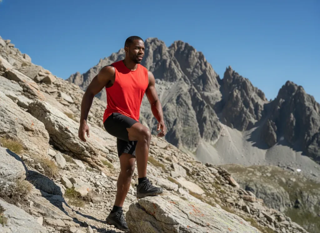A fit Afro-American man in his 30s confidently hiking up a steep, rocky mountain trail.