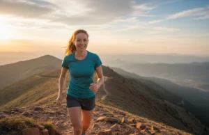 The Best Hiking Insoles: Tested for Trail Endurance A fit redhead woman in her late 20s hiking with a smile on a sunny mountain trail.