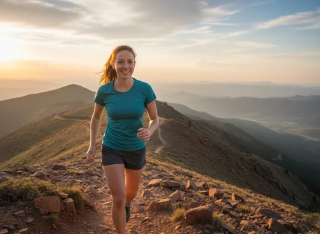 the-best-hiking-insoles-tested-for-trail-endurance A fit redhead woman in her late 20s hiking with a smile on a sunny mountain trail.
