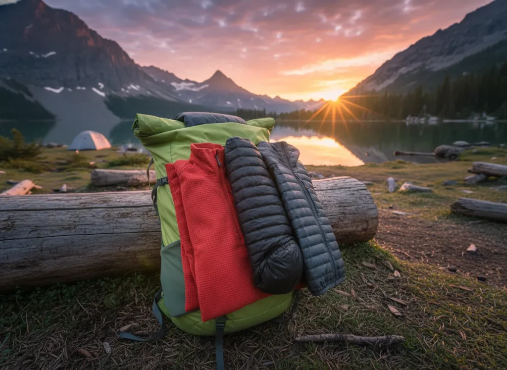 A selection of the best hiking mid-layers—a fleece, down jacket, and synthetic jacket—neatly displayed in a backpack at a scenic campsite.