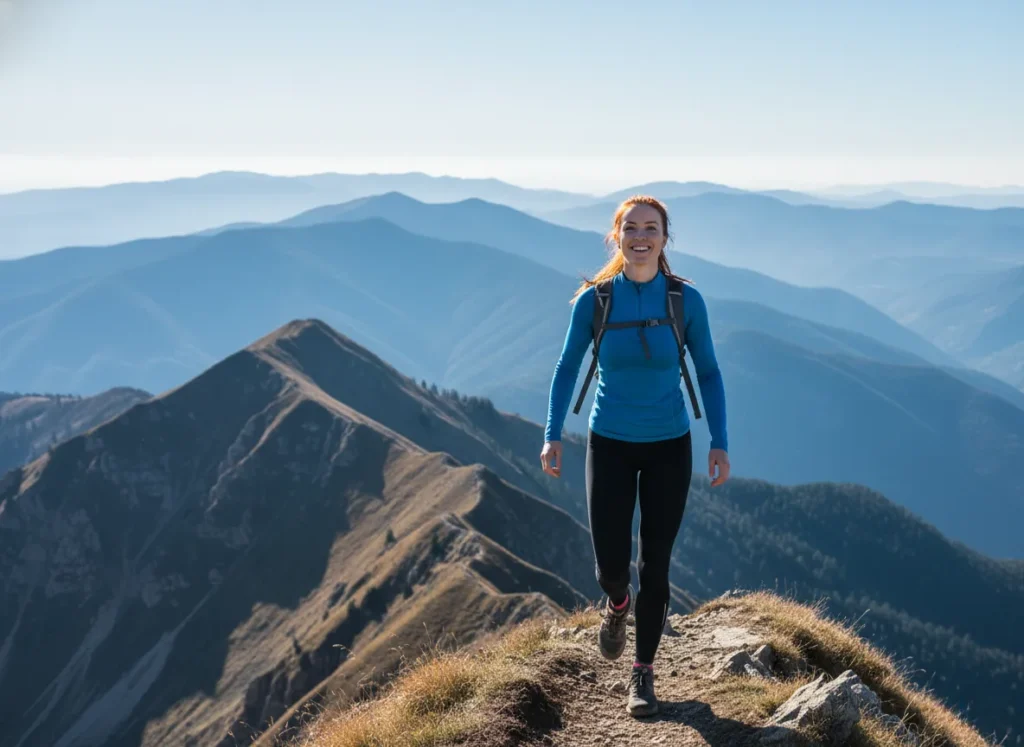 An athletic female hiker with red hair smiling as she hikes along a spectacular mountain ridge, showcasing a high-performance base layer.