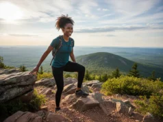 The Science of 4-Way Stretch in Performance Hiking Gear An athletic woman in 4-way stretch leggings scrambling up a rocky trail, demonstrating the fabric's flexibility.