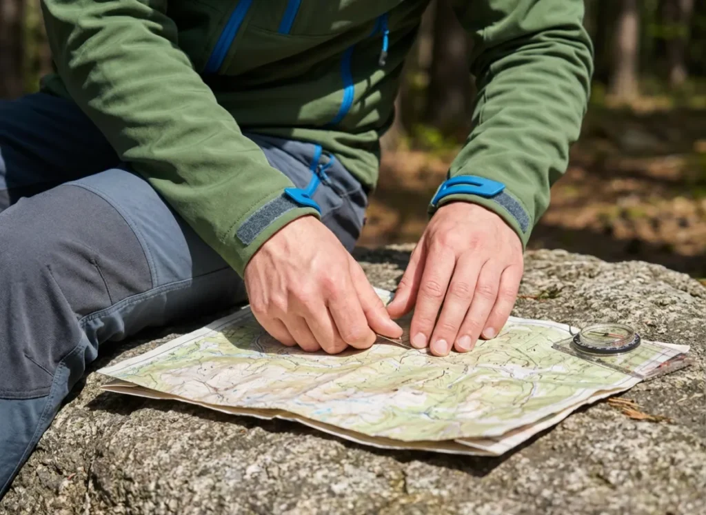 Close-up of dirty hands measuring distance on a topographic map placed on a rock during a hike.