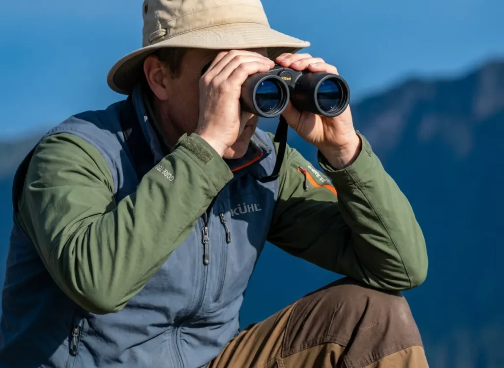 Hiker using Nikon binoculars to track bird flight paths, wearing Kuhl and Tilley outdoor gear.