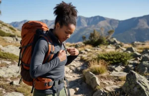 Trail Durability Test: Merino Wool vs Synthetic Layers A fit Afro-American female hiker on a rocky mountain trail inspecting the durability of her base layer shirt under her backpack strap.