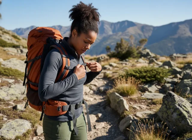 trail-durability-test-merino-wool-vs-synthetic-layers A fit Afro-American female hiker on a rocky mountain trail inspecting the durability of her base layer shirt under her backpack strap.