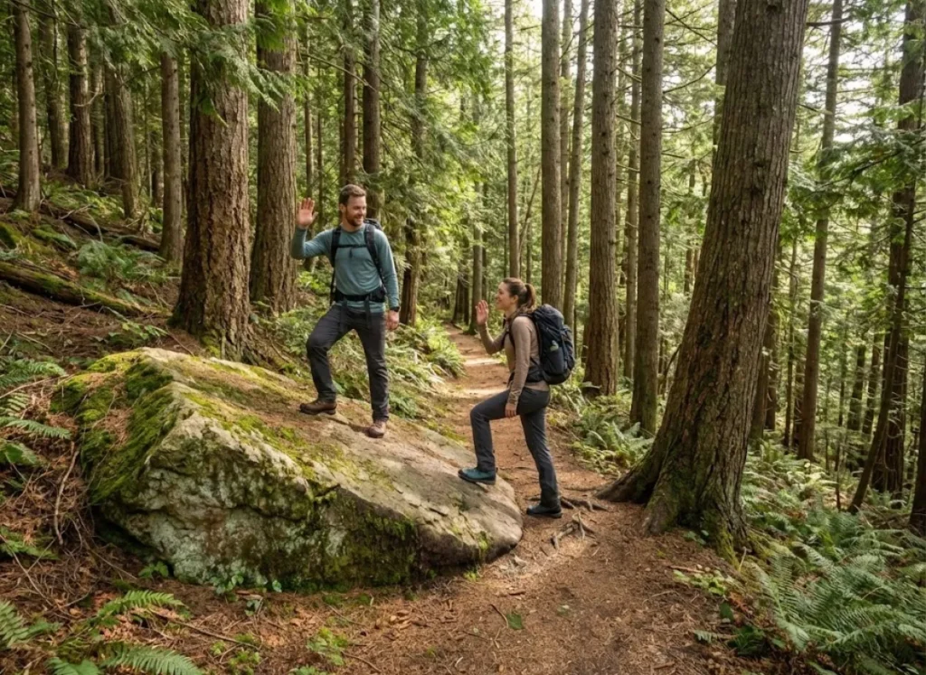 A hiker stepping aside on a narrow trail to yield to an uphill hiker, exchanging a friendly greeting.