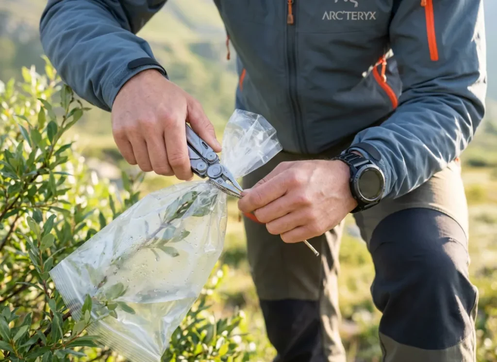Hands using a Leatherman tool and wearing a Garmin watch setting up a transpiration bag on a tree branch.