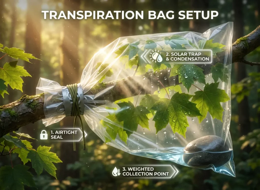 A detailed infographic titled 'Transpiration Bag Setup' illustrating the survival technique. A clear contractor bag is sealed over a leafy sun-exposed Maple branch. Condensation forms inside, pooling in a weighted corner at the bottom, with labels indicating the airtight seal, solar trapping process, and water collection point.